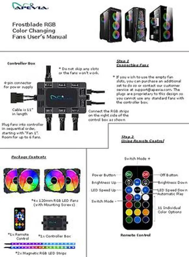 Alt view image 12 of 13 - Apevia FR412L2S-RGB FrostBlade 120mm Silent Addressable RGB Color Changing LED Fan (4 fans) + 2 x Color Changing Magnetic LED Strips & 4-pin Control Box and RF Remote (4 + 2 Pack)