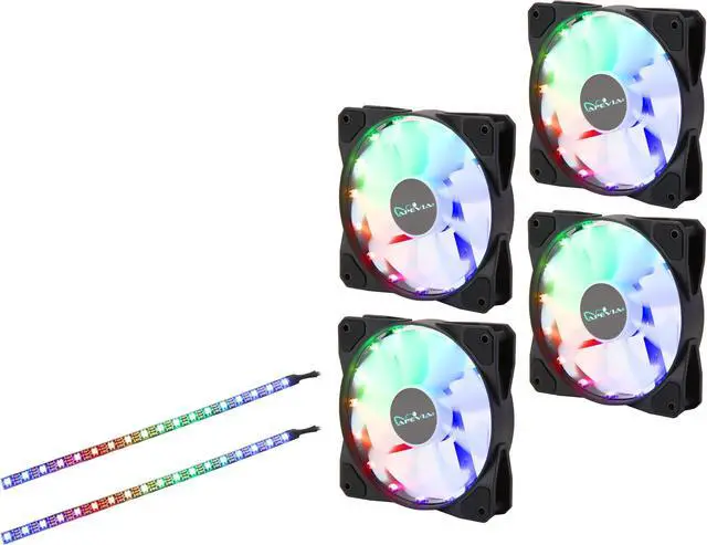 Main image of Apevia FR412L2S-RGB FrostBlade 120mm Silent Addressable RGB Color Changing LED Fan (4 fans) + 2 x Color Changing Magnetic LED Strips & 4-pin Control Box and RF Remote (4 + 2 Pack)