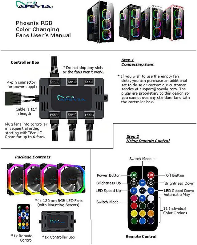 Alt view image 4 of 5 - Apevia Phoenix PH412L-RGB 120mm Silent Addressable RGB Color Changing LED Fan (4 Fans) + 4-pin Control Box and RF Remote (4 Pack)