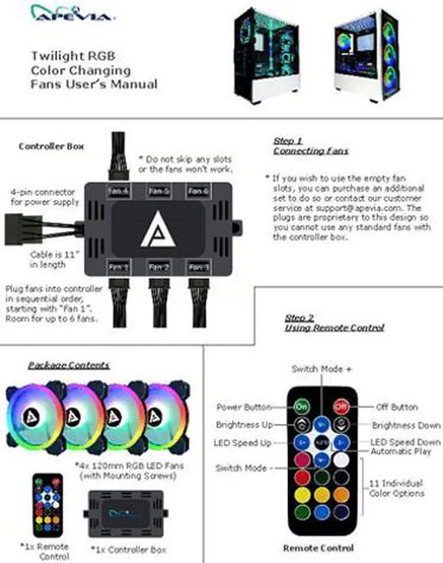Alt view image 4 of 5 - APEVIA Twilight TL412L-RGB 120mm Silent Addressable RGB Color Changing LED Fan + 4-pin Control Box and RF Remote (4 Pack)