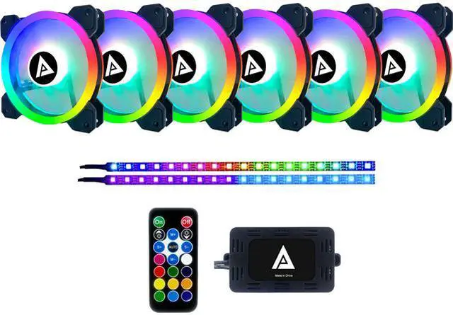 Main image of APEVIA Twilight TL612L2S-RGB 120mm Silent Addressable RGB Color Changing LED Fan (6 Fans) + 2 x Color Changing Magnetic Led Strips & 4-pin Control Box and RF Remote (6 + 2 Pack)