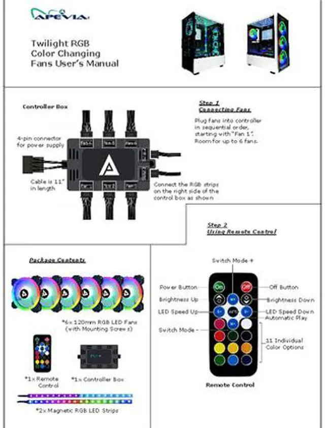 Alt view image 4 of 5 - APEVIA Twilight TL612L2S-RGB 120mm Silent Addressable RGB Color Changing LED Fan (6 Fans) + 2 x Color Changing Magnetic Led Strips & 4-pin Control Box and RF Remote (6 + 2 Pack)