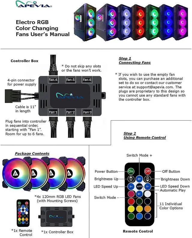 Alt view image 5 of 6 - Apevia Electro ET4-RGB 120mm Silent Addressable RGB Color Changing LED Fan (4 fans) + 4-pin Control Box and RF Remote (4 Pack)