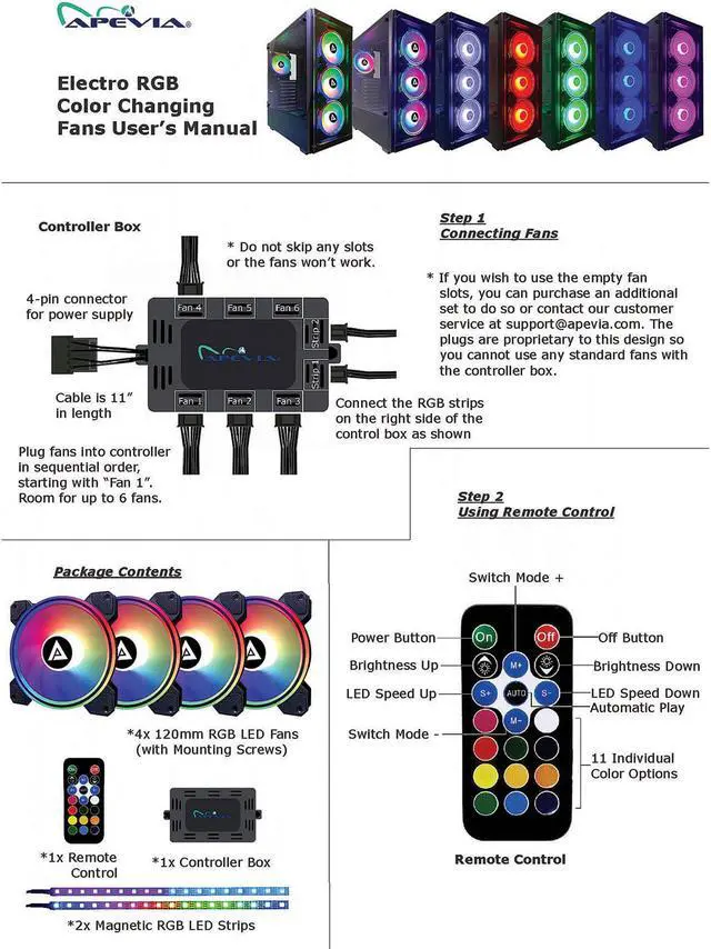 Alt view image 5 of 6 - Apevia Electro ET42-RGB 120mm Silent Addressable RGB Color Changing LED Fan (4 fans) + 2 x Color Changing Magnetic LED Strips & 4-pin Control Box and RF Remote (4 + 2 Pack)