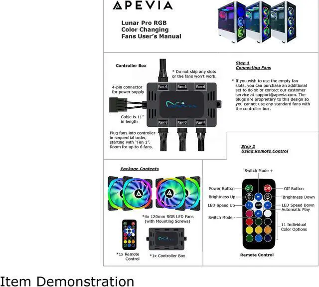Alt view image 6 of 6 - Apevia Lunar Pro 120mm Silent Addressable RGB Color Changing LED Fan (4 Fans) + 4-Pin Control Box and RF Remote (4 Pack), LP412L-RGB