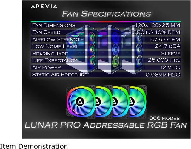 Alt view image 5 of 6 - Apevia Lunar Pro 120mm Silent Addressable RGB Color Changing LED Fan (4 Fans) + 4-Pin Control Box and RF Remote (4 Pack), LP412L-RGB
