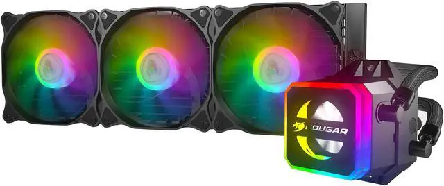 Main image of COUGAR Helor 360, RL-HLR360-V1, Liquid CPU Cooler, 360 mm, with 3 Vortex Omega 120 mm Fans. Addressable RGB, Core Box v2 and a Remote Controller.