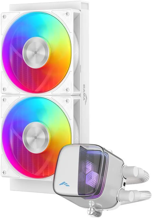 Alt view image 2 of 3 - SAMA L70 240mm Liquid CPU Cooler AIO Cooler with ARGB Infinity Mirror Effect 2x120mm ARGB Light Sync with Motherboard PWM 28mm Fans Low-Noise for AMD AM4/AM5, Intel LGA 1700/1150/1151/1200/1851 Thermal Grease/White