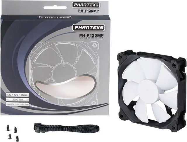 Alt view image 5 of 5 - Phanteks 120mm MP PWM Fan, High Static Pressure, Optimized for Silence, Sleeved Daisy-Chain Cables, White Blades, Black Frame, PH-F120MP_BK02