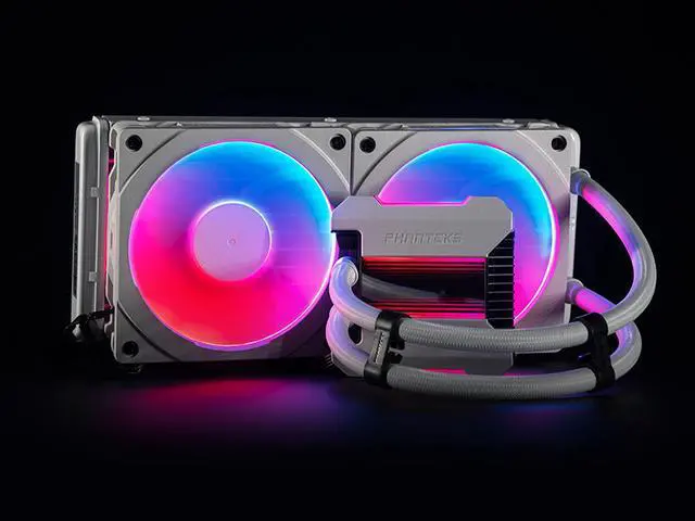 Alt view image 5 of 7 - Phanteks Glacier One 240MPH D-RGB AIO Liquid CPU Cooler, Infinity Mirror Pump Cap Design, 2x Silent 120mm MP PWM Fans, 2x D-RGB Halos Fan Frames, White LGA 1700 Compatible