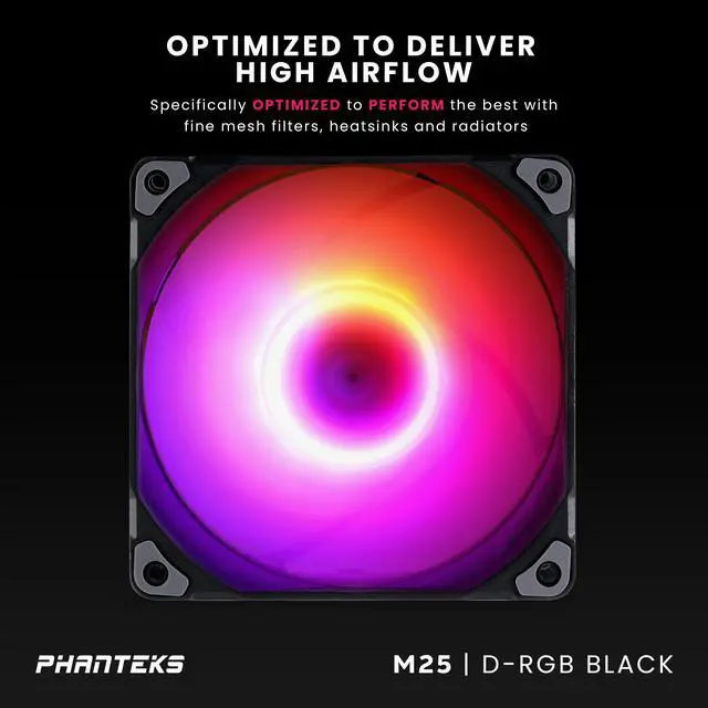 Alt view image 2 of 7 - Phanteks M25-120 D-RGB fan, High-Airflow radiator performance, PWM control up to 2000RPM, ARGB/DRGB lighting, Daisy-Chain cable, Black