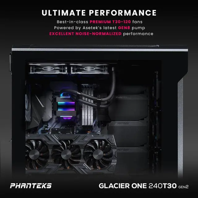 Alt view image 4 of 7 - Phanteks Glacier One 240T30 Gen 2 D-RGB AIO Liquid CPU Cooler, 240mm Radiator, Infinity Mirror Pump Cap Design, Aluminum Covers, 2x T30-120 Premium High-Performance Fans, Black