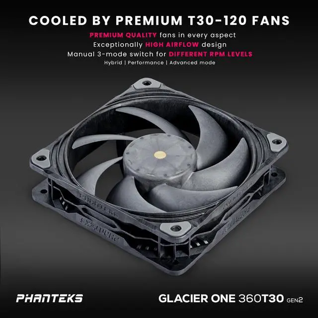 Alt view image 2 of 7 - Phanteks Glacier One 360T30 Gen 2 D-RGB AIO Liquid CPU Cooler, 360mm radiator, Infinity Mirror Pump Cap Design, Aluminum Covers, 3x T30-120 Premium High-Performance Fans, Black