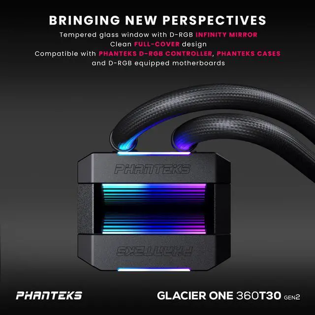 Alt view image 3 of 7 - Phanteks Glacier One 360T30 Gen 2 D-RGB AIO Liquid CPU Cooler, 360mm radiator, Infinity Mirror Pump Cap Design, Aluminum Covers, 3x T30-120 Premium High-Performance Fans, Black