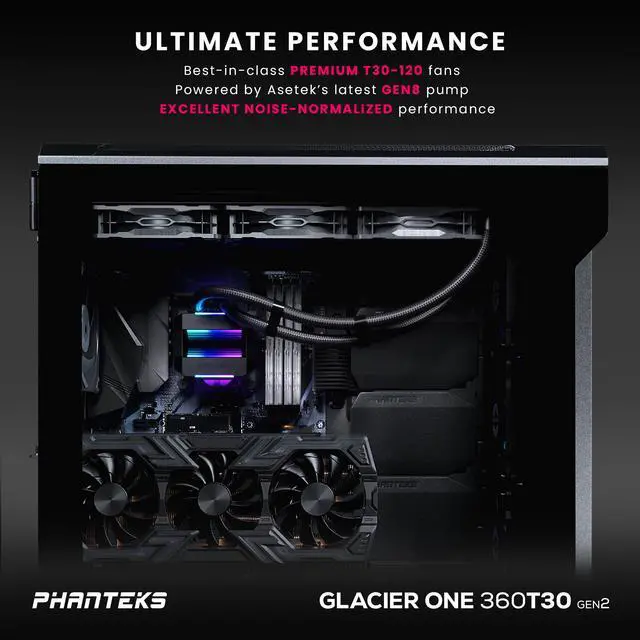 Alt view image 4 of 7 - Phanteks Glacier One 360T30 Gen 2 D-RGB AIO Liquid CPU Cooler, 360mm radiator, Infinity Mirror Pump Cap Design, Aluminum Covers, 3x T30-120 Premium High-Performance Fans, Black