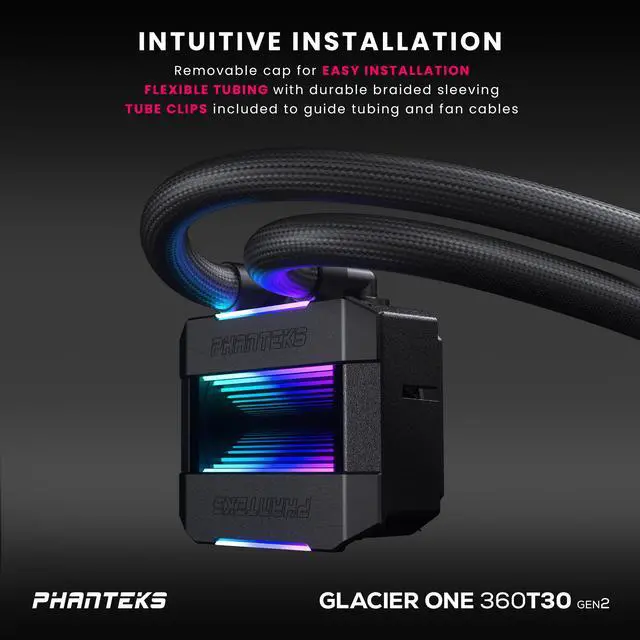 Alt view image 5 of 7 - Phanteks Glacier One 360T30 Gen 2 D-RGB AIO Liquid CPU Cooler, 360mm radiator, Infinity Mirror Pump Cap Design, Aluminum Covers, 3x T30-120 Premium High-Performance Fans, Black