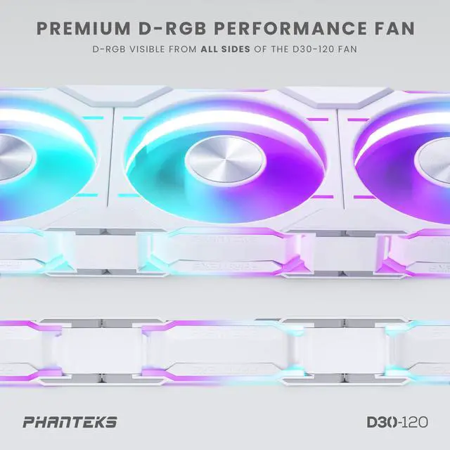Alt view image 5 of 10 - Phanteks D30-120 DRGB PWM FAN 3Pack, Premium D-RGB Performance Fans, ARGB/DRGB lighting, Daisy-chain Fan Linking system, White, 3Pack