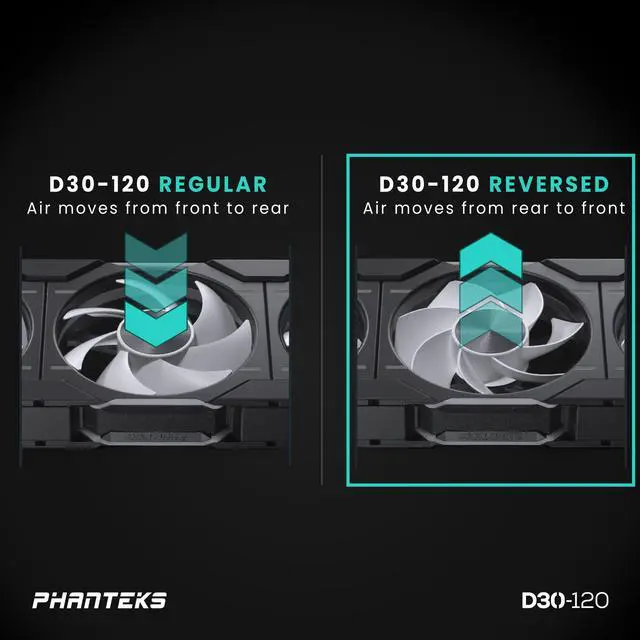 Alt view image 4 of 10 - Phanteks D30-120 DRGB PWM FAN 3Pack, Reverse Airflow Model, Premium D-RGB Performance Fans, Halos lighting Effect, ARGB/DRGB lighting, Daisy-chain Fan Linking system, Black, 3Pack