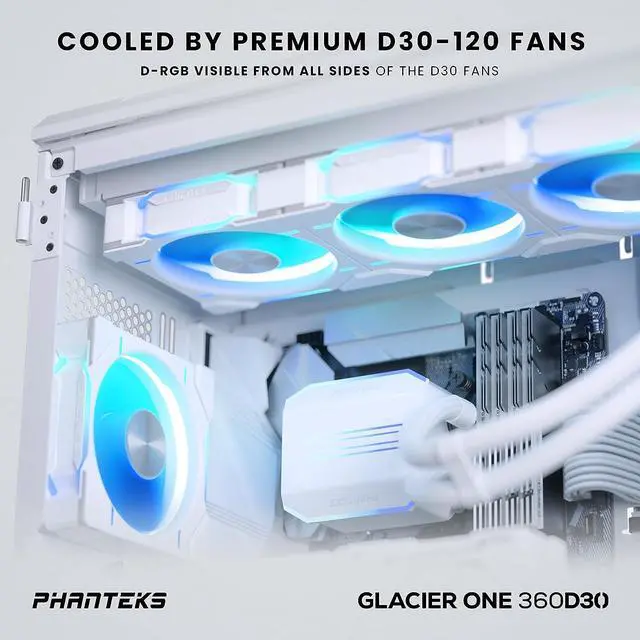 Alt view image 2 of 7 - Phanteks Glacier One 360D30 Premium D-RGB AIO Liquid CPU Cooler, DRGB Pump Cap Design, 3x D30 120mm PWM D-RGB Fans, White