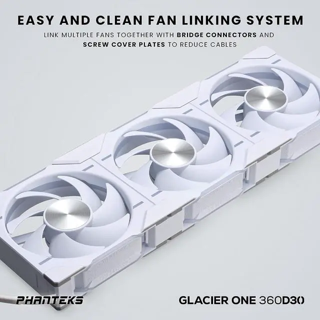 Alt view image 3 of 7 - Phanteks Glacier One 360D30 Premium D-RGB AIO Liquid CPU Cooler, DRGB Pump Cap Design, 3x D30 120mm PWM D-RGB Fans, White