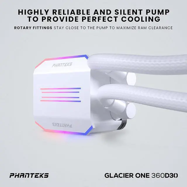 Alt view image 4 of 7 - Phanteks Glacier One 360D30 Premium D-RGB AIO Liquid CPU Cooler, DRGB Pump Cap Design, 3x D30 120mm PWM D-RGB Fans, White