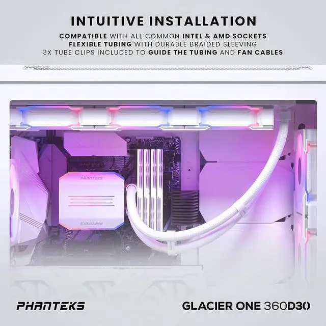 Alt view image 5 of 7 - Phanteks Glacier One 360D30 Premium D-RGB AIO Liquid CPU Cooler, DRGB Pump Cap Design, 3x D30 120mm PWM D-RGB Fans, White