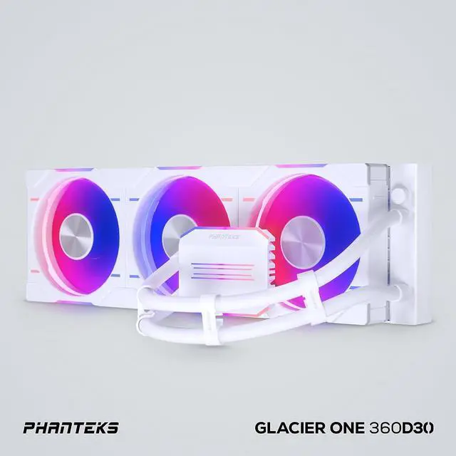 Alt view image 7 of 7 - Phanteks Glacier One 360D30 Premium D-RGB AIO Liquid CPU Cooler, DRGB Pump Cap Design, 3x D30 120mm PWM D-RGB Fans, White