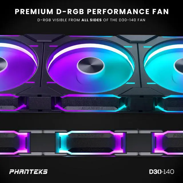 Alt view image 5 of 8 - Phanteks D30-140 DRGB PWM FAN 3Pack, Reverse Airflow Model, Premium D-RGB Performance Fans, Halos lighting Effect, ARGB/DRGB lighting, Daisy-chain Fan Linking system, Black, 3Pack