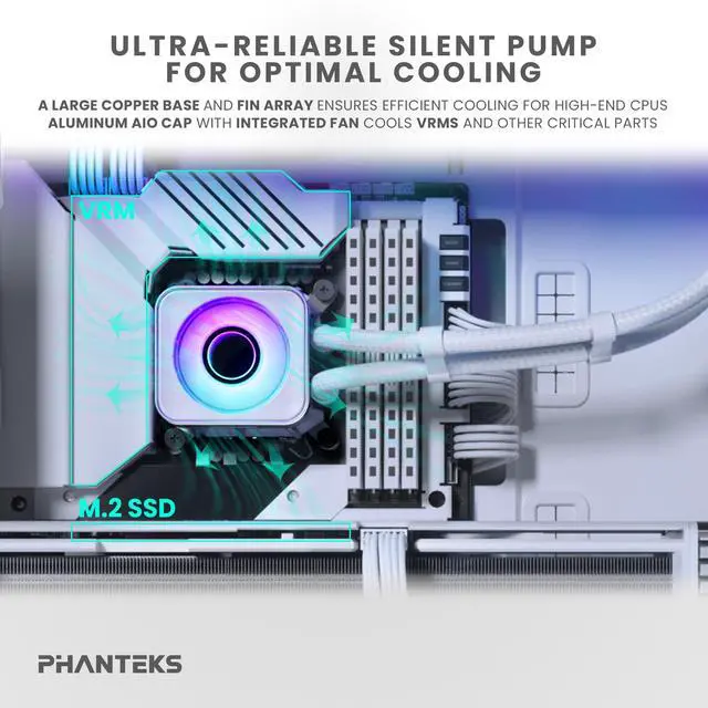 Alt view image 4 of 6 - Phanteks Glacier One 360D30 X2 AIO Liquid CPU Cooler, Evolv X2-Design Cap Design, 3x Performance D30-120 D-RGB Fans, for Intel LGA 1851, 1700, 1200, 115x and AMD AM4/AM5 sockets, White