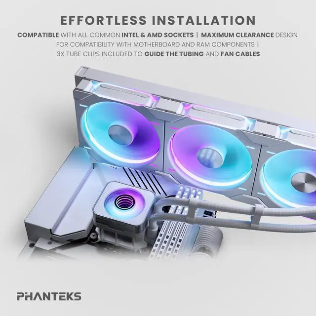 Alt view image 2 of 6 - Phanteks Glacier One 420D30 X2 AIO Liquid CPU Cooler, Evolv X2 Aluminum Cap Design, 3x Performance D30-140 D-RGB Fans, for Intel LGA 1851, 1700, 1200, 115x and AMD AM4/AM5 sockets, White
