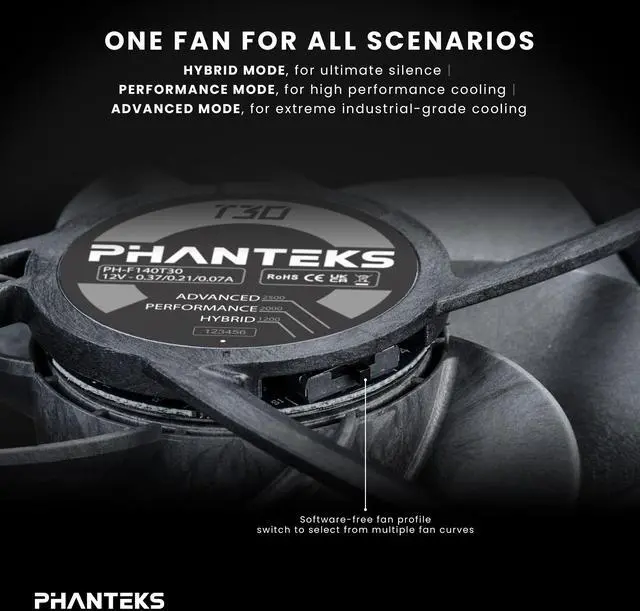 Alt view image 4 of 6 - Phanteks T30-140 Triple-Pack, 140mm Premium High-Performance PWM Fan, Industrial Grade LCP Frame & Blades, 3-Mode Speed Switch, Unmatched Airflow for PC Cases & Radiators, Black/Grey
