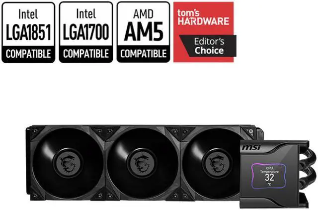 Main image of MSI MEG Core Liquid S360 AIO Liquid CPU Cooler, 2.4" IPS Display 360mm Radiator, Triple 120mm Silent Gale P12 PWM Fans, Controlled by MSI Center Software, Supports Intel LGA 1851/1700, AMD AM5/AM4