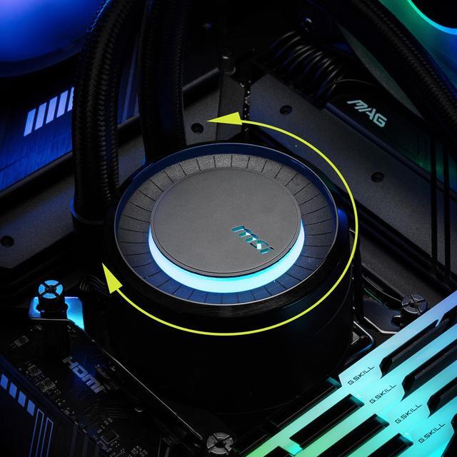 Alt view image 11 of 12 - MSI MAG CoreLiquid E360 Black - AIO ARGB CPU Liquid Cooler - Rotating Cap Design - 360mm Radiator - Triple 120mm ARGB PWM Fans - LGA 1851,1700 Ready / AMD AM5 Compatible