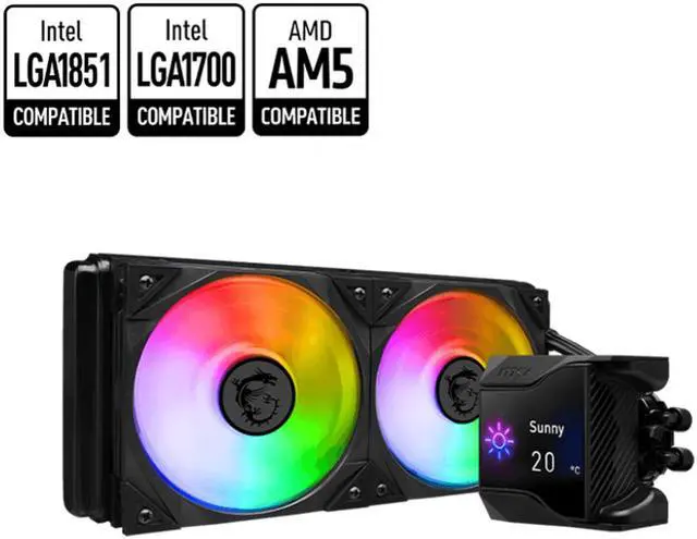 Main image of MSI MPG CoreLiquid D240 ARGB CPU Liquid Cooler - 2.4" IPS LCD Screen - 240mm Radiator - Double 120mm ARGB PWM Fans  - LGA 1700/1851 / AM5/AM4 Compatible