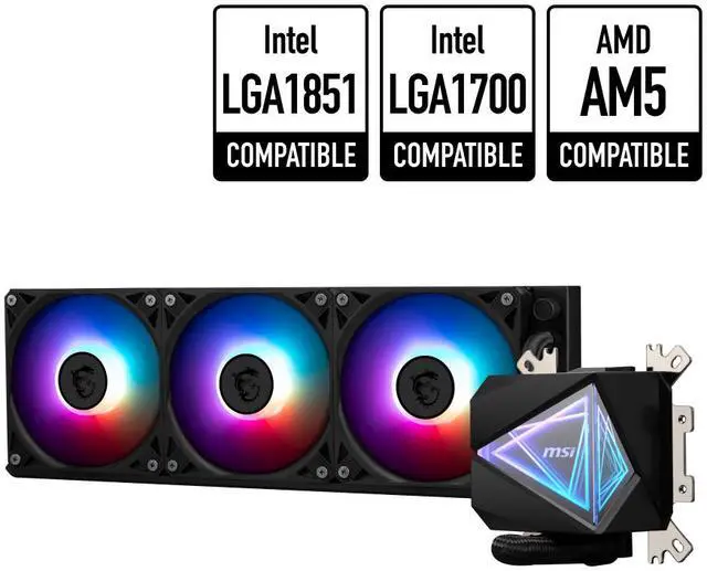 Main image of MSI MAG CoreLiquid I360 Black - AIO ARGB CPU Liquid Cooler - Infinity Mirror Design - UNI Bracket - 360mm Radiator - Triple 120mm ARGB PWM Fans - LGA 1700/1851 / AM5/AM4 Compatible