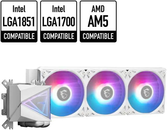 Main image of MSI MAG CoreLiquid I360 White - AIO ARGB CPU Liquid Cooler - Infinity Mirror Design - UNI Bracket - 360mm Radiator - Triple 120mm ARGB PWM Fans - LGA 1700/1851 / AM5/AM4 Compatible