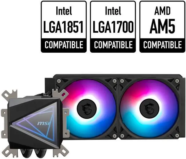 Main image of MSI MAG CoreLiquid I240 Black - AIO ARGB CPU Liquid Cooler - Infinity Mirror Design - UNI Bracket - 240mm Radiator - Dual 120mm ARGB PWM Fans - LGA 1700/1851 / AM5/AM4 Compatible