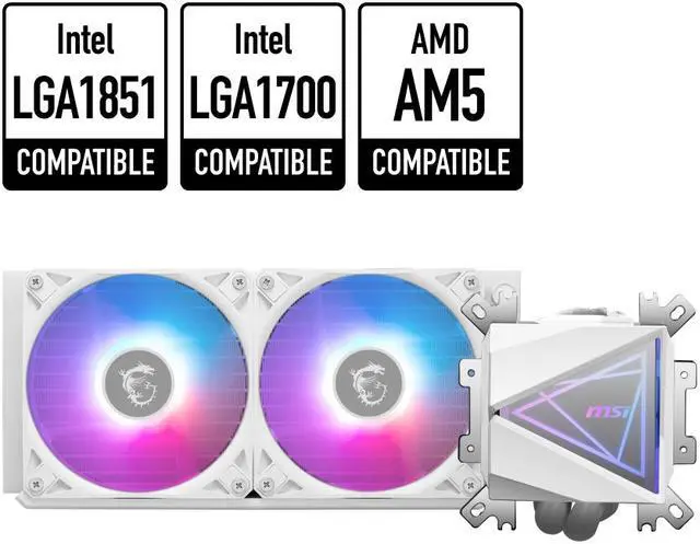 Main image of MSI MAG CoreLiquid I240 White - AIO ARGB CPU Liquid Cooler - Infinity Mirror Design - UNI Bracket - 240mm Radiator - Dual 120mm ARGB PWM Fans - LGA 1700/1851 / AM5/AM4 Compatible