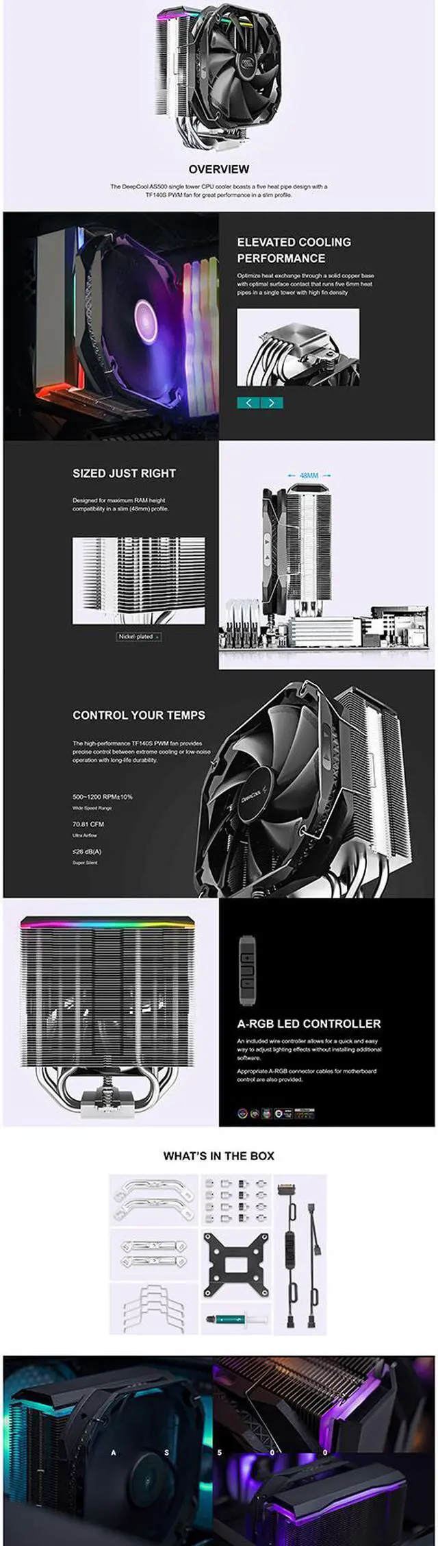 Alt view image 9 of 10 - DeepCool AS500 CPU Air Cooler, Universal RAM Height Compatibility, 140mm PWM Fan, A-RGB Top Cover, 5 heat pipe design for Intel Core/AMD Ryzen CPUs