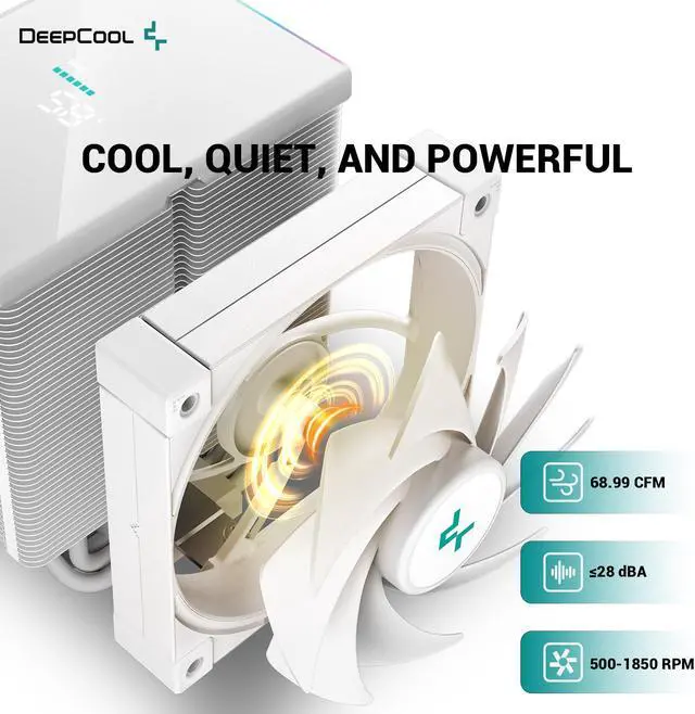 Alt view image 5 of 7 - DeepCool AK500 WH DIGITAL Air Cooler, Single Wide Tower, Real-Time CPU Status Screen, 5 Offset Copper Heat Pipes, 240W Heat Dissipation, All White Design