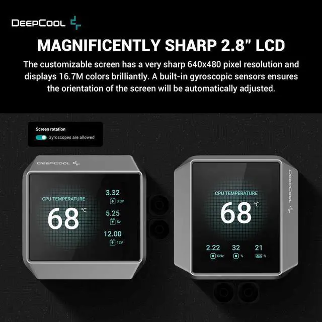 Alt view image 3 of 6 - DeepCool MYSTIQUE 360 LCD Liquid Cooler 360mm 5th Gen Pump 3400RPM AIO 2.8" 640x480 TFT LCD Screen Anti-Leak Tech FT12 SE PWM Fans, Grey and Black