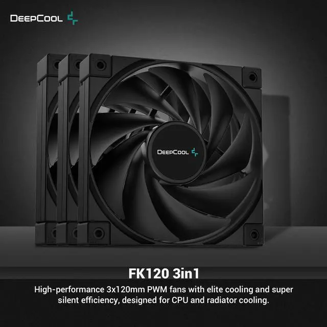 Alt view image 2 of 6 - DeepCool FK120 High Performance Cooling Fan, 4-Pin PWM, Fluid Dynamic Bearing, 1850 RPM, 120mm, Black, 3-Pack