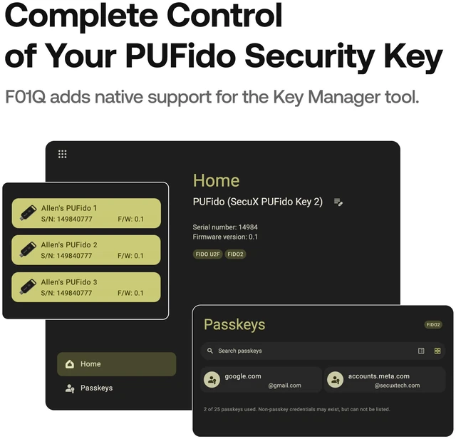 Alt view image 6 of 13 - SecuX PUFido Key 2 - F01Q - Multi-Factor Authentication (MFA) Security Key and PIN & Passkey Management, Connect via USB-C, FIDO U2F/FIDO2 Certified (CTAP2.1)