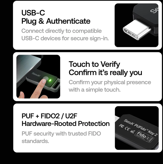 Alt view image 7 of 13 - SecuX PUFido Key 2 - F01Q - Multi-Factor Authentication (MFA) Security Key and PIN & Passkey Management, Connect via USB-C, FIDO U2F/FIDO2 Certified (CTAP2.1)