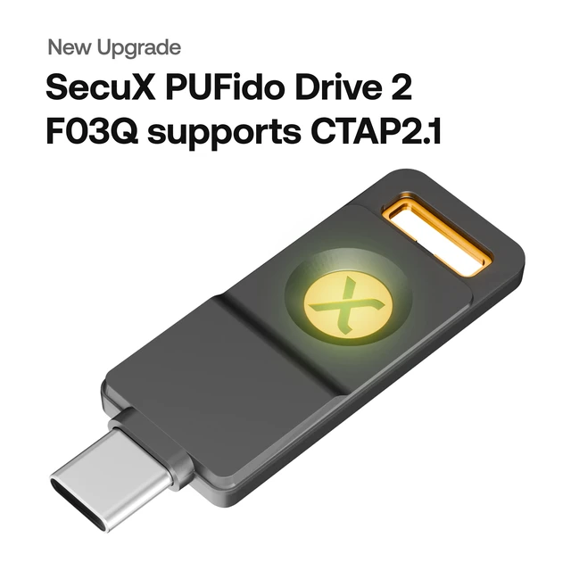 Alt view image 2 of 17 - SecuX PUFido Drive 2 - F03Q - USB-C Security Key with Built-in 128GB Storage, FIDO2 & U2F Certified, CTAP2.1, MFA, PIN & Passkey Management