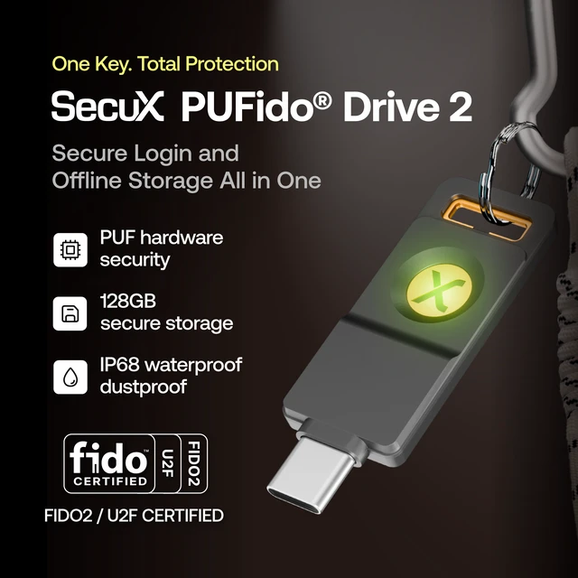 Alt view image 3 of 17 - SecuX PUFido Drive 2 - F03Q - USB-C Security Key with Built-in 128GB Storage, FIDO2 & U2F Certified, CTAP2.1, MFA, PIN & Passkey Management
