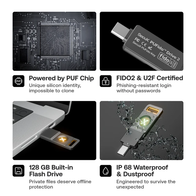 Alt view image 9 of 17 - SecuX PUFido Drive 2 - F03Q - USB-C Security Key with Built-in 128GB Storage, FIDO2 & U2F Certified, CTAP2.1, MFA, PIN & Passkey Management