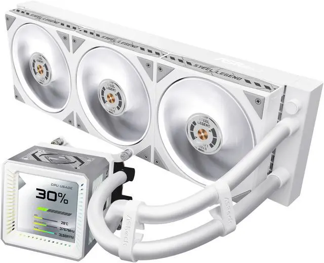 ASRock AIO Steel Legend 360 LCD 27mm radiator, 3.4" LCD, VRM module, LCP fan w/ dual-ball bearing, white version