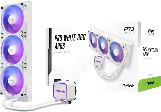 Alt view image 6 of 12 - ASRock AIO PRO White 360 ARGB 27mm radiator, ARGB waterblock, ARGB Hub-lighting fan, white version