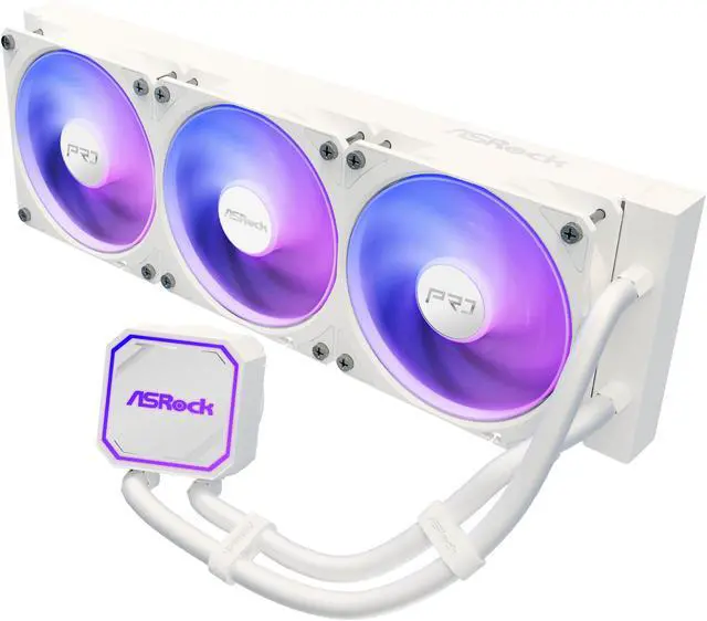 Main image of ASRock AIO PRO White 360 ARGB 27mm radiator, ARGB waterblock, ARGB Hub-lighting fan, white version